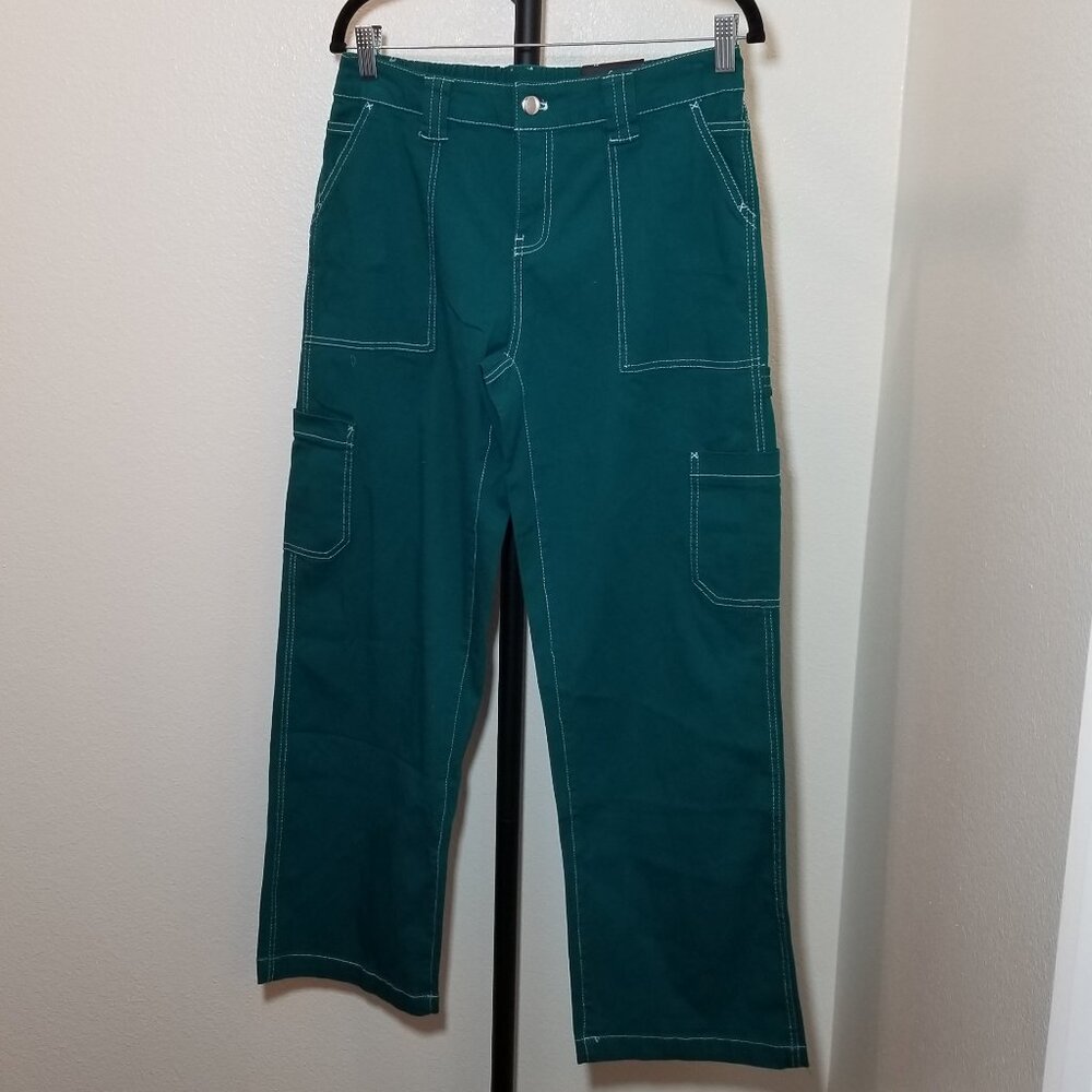 No Comment Womens Medium Green Cargo Wide Leg Fit Carpenter Pant Y2K Skater NWT